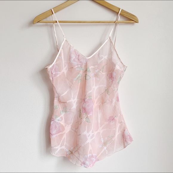 Tops - pink pastel semi sheer cami with flowers